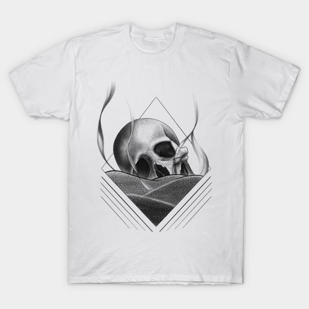 Human Skull Buried in a Bed of Sand with Geometrical Lines T-Shirt by Tred85